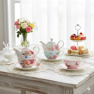 Czajniczek z filiżanką porcelanowy Tea for One 400ml  z kwiatami z metalowym filtrem do kawy i herbaty WZÓR